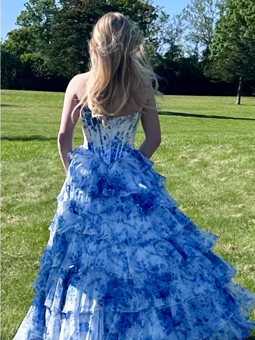 Sherri Hill 57250 Strapless Blue Toile Ruffle Prom Gown. - Picture 3 of 9